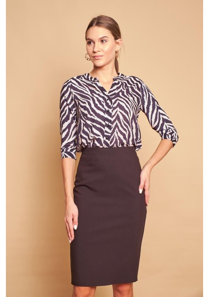 Desenli Hakim Yaka Şık Capri Kol Ofis Gömlek-Bej Zebra modelleri