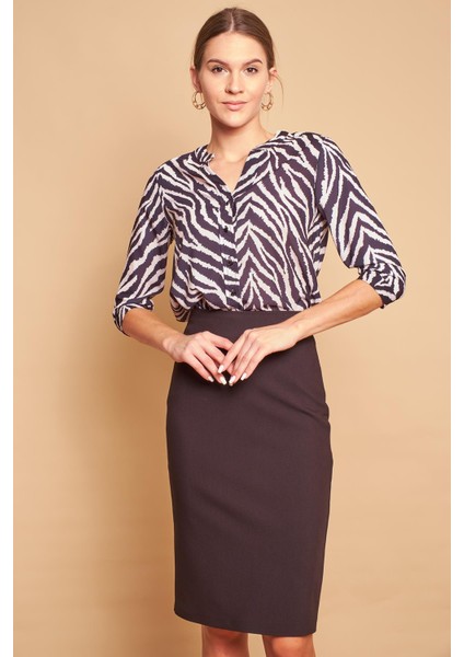 Desenli Hakim Yaka Şık Capri Kol Ofis Gömlek-Bej Zebra fırsatları