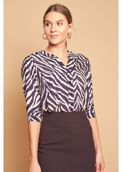 Desenli Hakim Yaka Şık Capri Kol Ofis Gömlek-Bej Zebra indirimleri