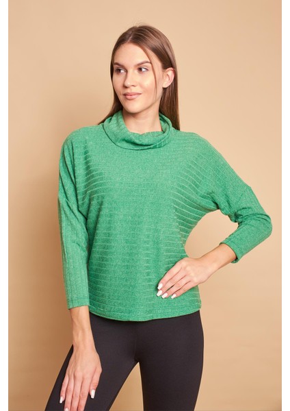 Degaje Yaka Uzun Kol Hafif Esnek Triko Bluz-Zümrüt