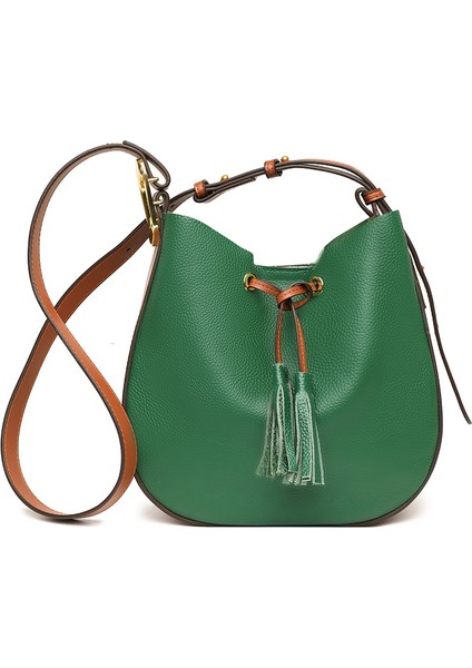 Deri Çanta Kadın Çanta 2023 Yeni Yeni Basit Moda Çarpma Renk Büyük Kapasiteli Tek Omuz Crossbody Çanta Yumuşak Deri Kova Çanta Gelgit (Yurt Dışından)
