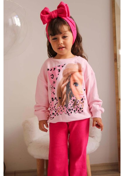 Kız Çocuk Leopar Barbie Baskılı Bisiklet Yaka Eşofman Takımı