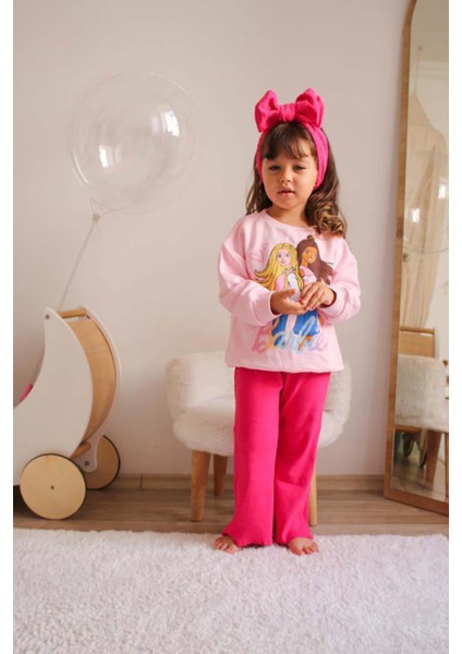Kız Çocuk Barbie Bileği Ribanalı Pamuk Eşofman Takımı