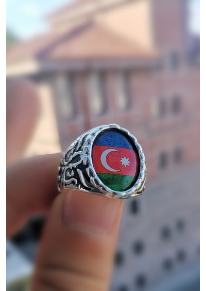 Gümüş Kaplama Azerbaycan Bayrak Erkek Yüzük