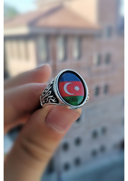 Gümüş Kaplama Azerbaycan Bayrak Erkek Yüzük Model 2