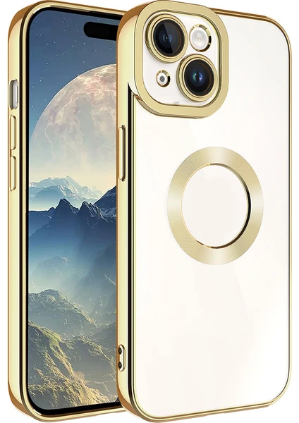 Apple iPhone 15 Plus Kılıf Kamera Korumalı Logo Gösteren Şeffaf Kapak Gold