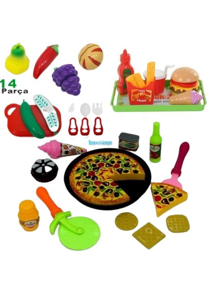 Berattoys 43 Pcs Kesilen Meyve& Tepsili Kesilen Pizza& Tepsili Hamburger Oyuncak Mutfak Seti Evcilik