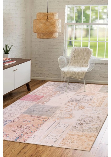 Folk Patchwork Desenli Dokuma Taban Dekoratif Bej Halı (Ba 16)