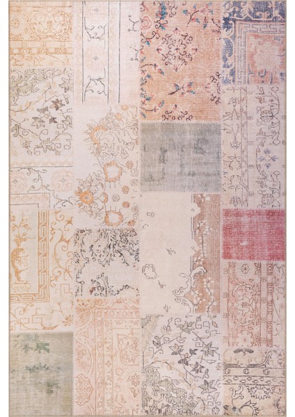 Folk Patchwork Desenli Dokuma Taban Dekoratif Bej Halı (Ba 16)