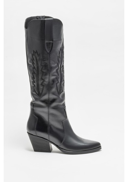 Siyah Deri Kadın Western Çizme