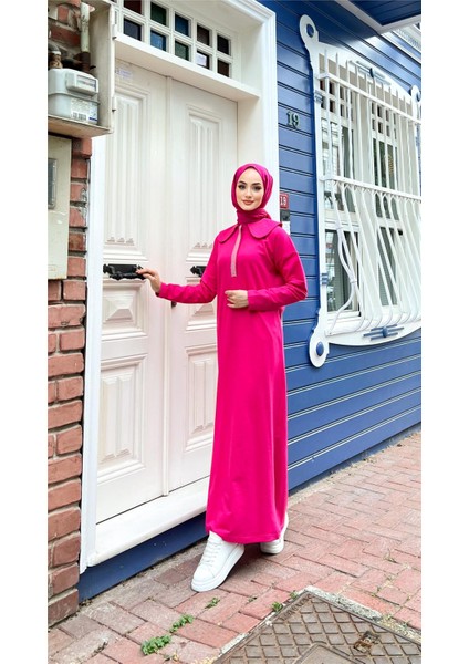 Cennet Taş Detaylı Yakalı Elbise - Fuşya