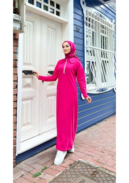 Cennet Taş Detaylı Yakalı Elbise - Fuşya