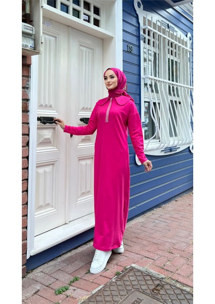 Cennet Taş Detaylı Yakalı Elbise - Fuşya