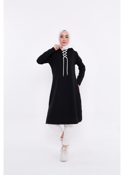 Eflin Yakadan Bağlamalı Sweatshirt - Siyah