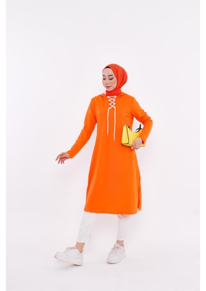 Eflin Yakadan Bağlamalı Sweatshirt - Oranj