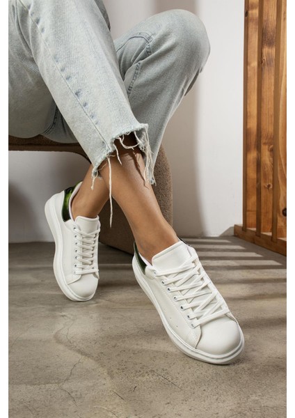 Dukine Kadın Sneakers Bağcıklı Arka Helogramlı Beyaz&yeşil Deri