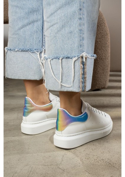 Dukine Kadın Sneakers Bağcıklı Arka Helogramlı Beyaz&mavi Deri