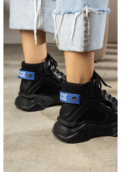 Destina Kadın Sneakers Bilek Triko Dokumalı Spor Bot Siyah Deri fiyatları