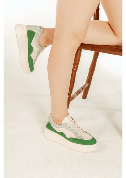 Deri Sneaker Yüksek Taban Renkli Rahat Günlük Kadın Spor Ayakkabı Beyaz-Yeşil