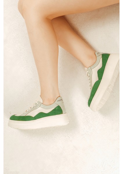 Deri Sneaker Yüksek Taban Renkli Rahat Günlük Kadın Spor Ayakkabı Beyaz-Yeşil fiyatları