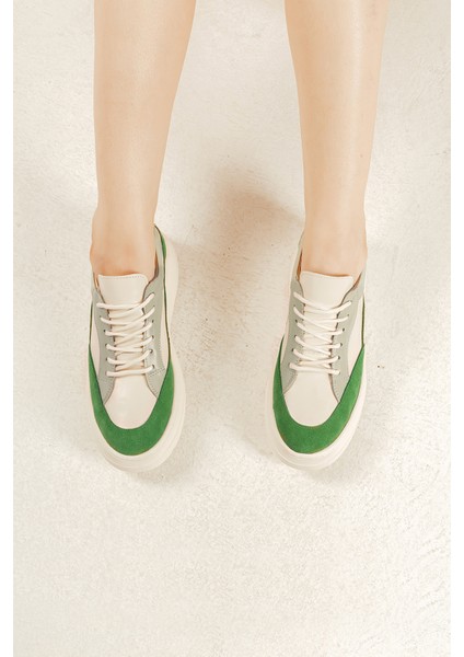 Deri Sneaker Yüksek Taban Renkli Rahat Günlük Kadın Spor Ayakkabı Beyaz-Yeşil modelleri