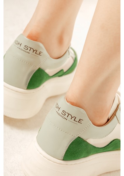 Deri Sneaker Yüksek Taban Renkli Rahat Günlük Kadın Spor Ayakkabı Beyaz-Yeşil fırsatları