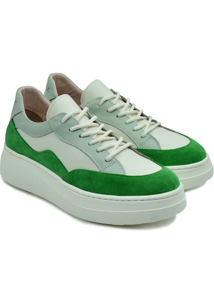 Deri Sneaker Yüksek Taban Renkli Rahat Günlük Kadın Spor Ayakkabı Beyaz-Yeşil indirimleri