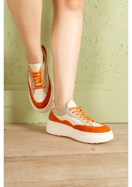 Deri Sneaker Yüksek Taban Renkli Rahat Günlük Kadın Spor Ayakkabı Beyaz-Yeşil