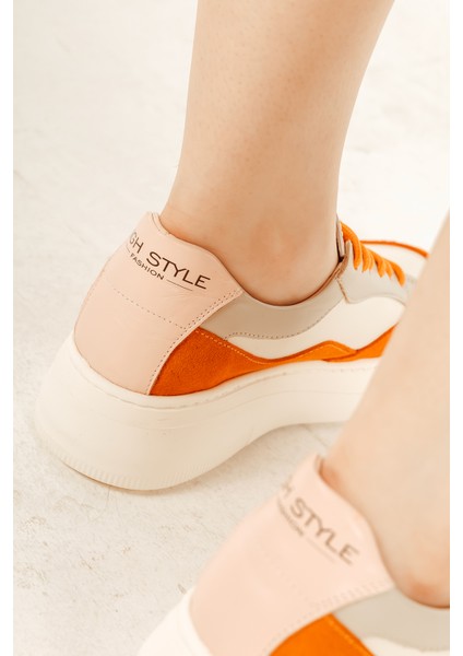 Deri Sneaker Yüksek Taban Renkli Rahat Günlük Kadın Spor Ayakkabı Beyaz-Yeşil fırsatları