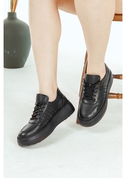 Deri Sneaker Yüksek Taban Rahat Günlük Kadın Spor Ayakkabı Siyah