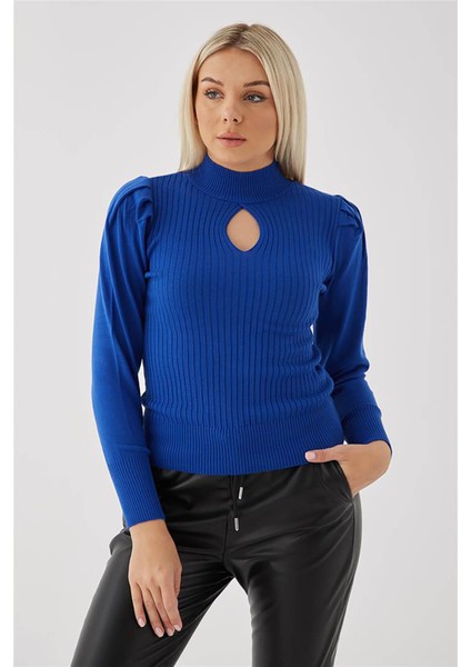 Yarım Balıkçı Yaka Pencere Detaylı Fitilli Slim Fit Triko Kazak Bayan KAZAK 23K0397K1