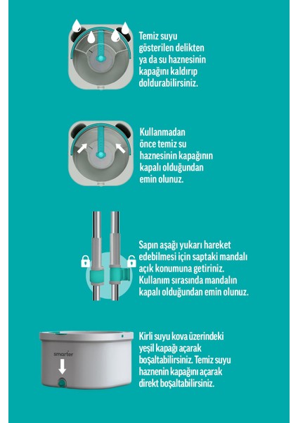 SMARTER AQUA MASTER TEMİZLİK SETİ + YEDEK MOP TEMİZ & KİRLİ SUYU AYIRMA ÖZELLİĞİ OTOMATİK TEMİZLİK SETİ MOP PASPAS