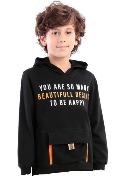 Erkek Çocuk You Are So Many Yazı Desenli Kanguru Cepli Kapüşonlu Siyah Sweatshirt