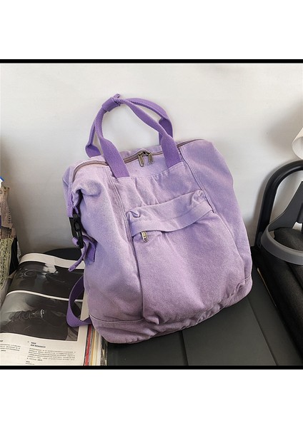 Schoolbag Kadın Düz Renk Büyük Kapasiteli Sırt Çantası Üniversite Öğrencisi Yıkanmış Sıkıntılı Kanvas Sırt Çantası (Yurt Dışından)