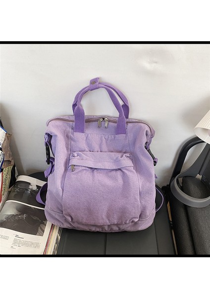 Schoolbag Kadın Düz Renk Büyük Kapasiteli Sırt Çantası Üniversite Öğrencisi Yıkanmış Sıkıntılı Kanvas Sırt Çantası (Yurt Dışından)