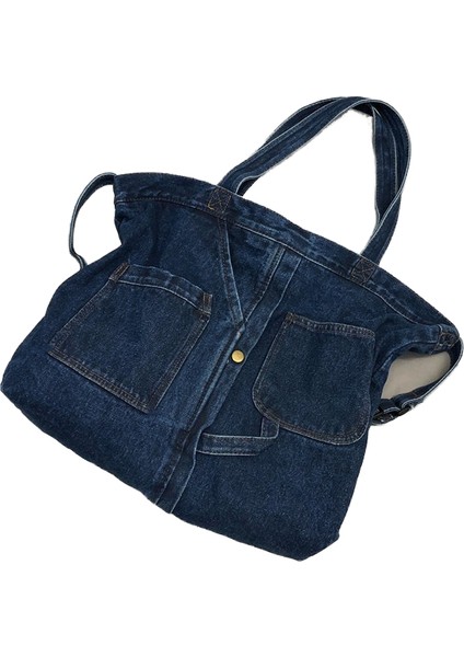 Denim Kanvas Çanta Kadın Vintage Taşınabilir Alışveriş Çantası Büyük Kapasiteli Eğlence Kolej Tarzı Omuz Çapraz Omuz Çanta (Yurt Dışından)