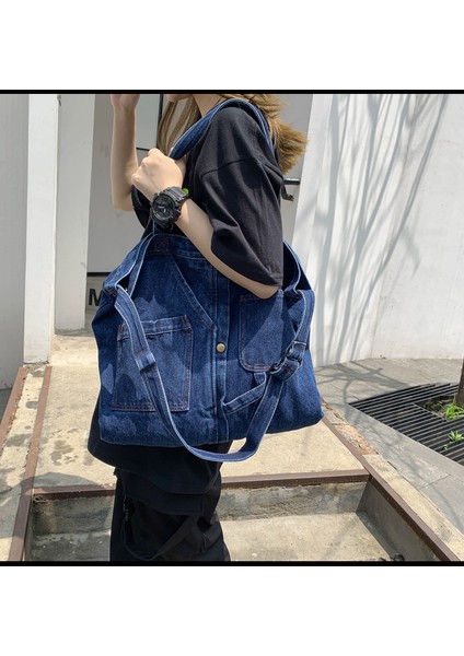 Denim Kanvas Çanta Kadın Vintage Taşınabilir Alışveriş Çantası Büyük Kapasiteli Eğlence Kolej Tarzı Omuz Çapraz Omuz Çanta (Yurt Dışından) fiyatları