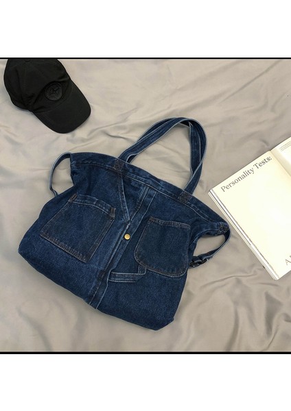 Denim Kanvas Çanta Kadın Vintage Taşınabilir Alışveriş Çantası Büyük Kapasiteli Eğlence Kolej Tarzı Omuz Çapraz Omuz Çanta (Yurt Dışından) fırsatları