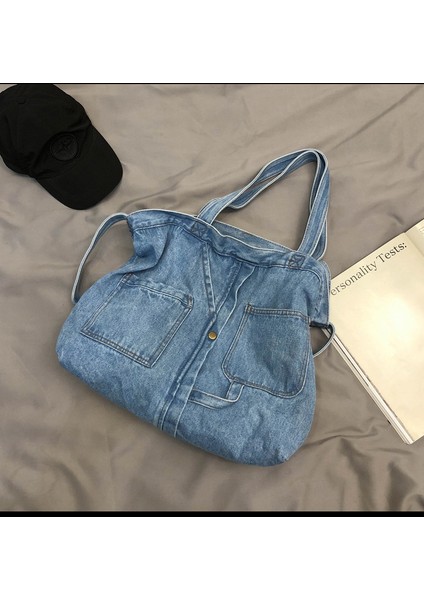 Denim Kanvas Çanta Kadın Vintage Taşınabilir Alışveriş Çantası Büyük Kapasiteli Eğlence Kolej Tarzı Omuz Çapraz Omuz Çanta (Yurt Dışından) indirimleri