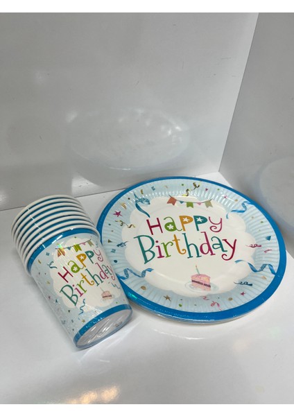 Happy Bırthday Karton Tabak Bardak Mavi 8 Li