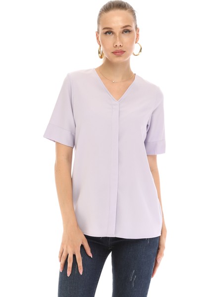 Kadın V Yaka Kısa Kollu Gömlek