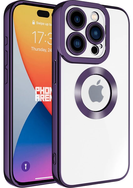 Case World Apple iPhone 15 Pro Max Kapak Yanları Renkli Lens Korumalı Logo Gösteren Şeffaf Luxury Silikon Kılıf - Mor