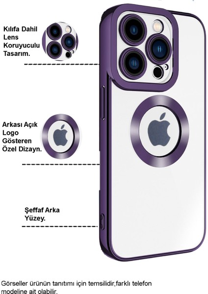 Case World Apple iPhone 15 Pro Max Kapak Yanları Renkli Lens Korumalı Logo Gösteren Şeffaf Luxury Silikon Kılıf - Mor