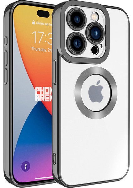 Case World Apple iPhone 15 Pro Kapak Yanları Renkli Lens Korumalı Logo Gösteren Şeffaf Luxury Silikon Kılıf - Koyu Gri