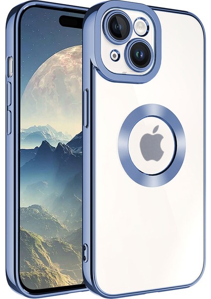 Case World Apple iPhone 15 Kapak Yanları Renkli Lens Korumalı Logo Gösteren Şeffaf Luxury Silikon Kılıf - Mavi