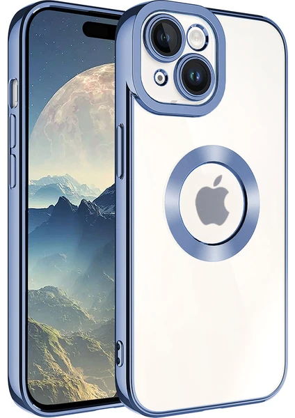 Case World Apple iPhone 15 Plus Kapak Yanları Renkli Lens Korumalı Logo Gösteren Şeffaf Luxury Silikon Kılıf - Mavi