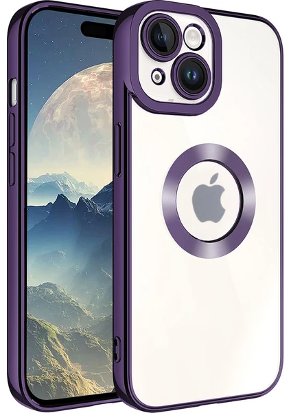 Case World Apple iPhone 15 Plus Kapak Yanları Renkli Lens Korumalı Logo Gösteren Şeffaf Luxury Silikon Kılıf - Mor