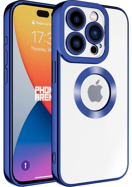 Case World Apple iPhone 15 Pro Max Kapak Yanları Renkli Lens Korumalı Logo Gösteren Şeffaf Luxury Silikon Kılıf - Mavi