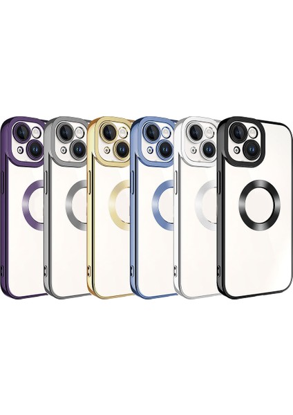 Case World Apple iPhone 15 Plus Kapak Yanları Renkli Lens Korumalı Logo Gösteren Şeffaf Luxury Silikon Kılıf - Gümüş