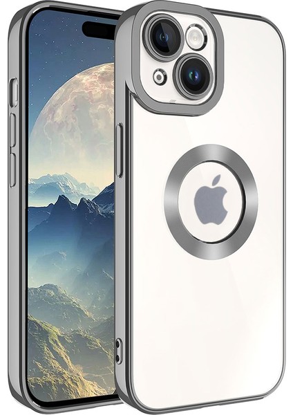 Apple iPhone 15 Plus Kapak Yanları Renkli Lens Korumalı Logo Gösteren Şeffaf Luxury Silikon Kılıf - Koyu Gri